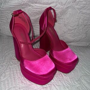 Hot Pink Satin Platform Block Heels